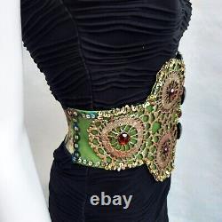 Iconic woman royal belt green faux leather luxury rhinestone macrame embroidered