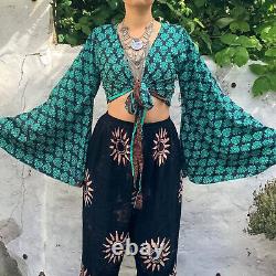 Indian Vintage Silk Sari Bell Sleeve Crop Top Retro 60s Clothing lot of 10 Pcs