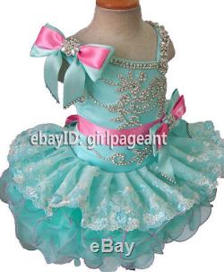 Infant/toddler/baby Mint/pink Rhinestones Lace Bows Pageant Dress 4T G218-2