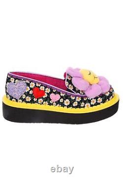 Irregular Choice Flats Oopsie Daisy Black Yellow Pink Flower Women Slip-On Shoes