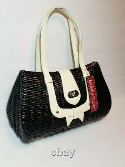 Isabella Fiore Black Laquered Straw & Leather Bella Bow Twist Lock Handbag $335