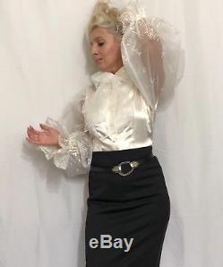 Ivory Pussy-Bow Ruched Satin& Embroidered Organza Blouse Formal
