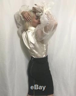 Ivory Pussy-Bow Ruched Satin& Embroidered Organza Blouse Formal