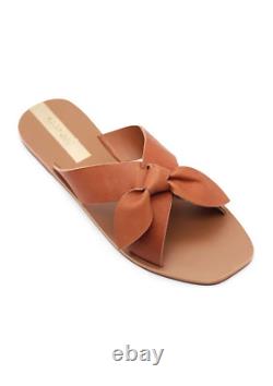 KAANAS Hand Made Slip On Sandals Caramel Leather Sleek Design Bow Accent NWB 8M