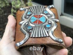 Killer Navajo Sterling Silver Turquoise & Coral Leather Ketoh Bow Guard Bracelet