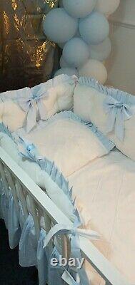 LUXURY BABY BLUE QUILTED COTBED BEDDING SET BOW 100% COTTON 70x140cm
