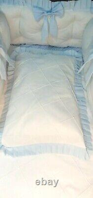 LUXURY BABY BLUE QUILTED COTBED BEDDING SET BOW COTTON 60x120cm