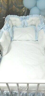 LUXURY BABY BLUE QUILTED COTBED BEDDING SET BOW COTTON 70x140cm