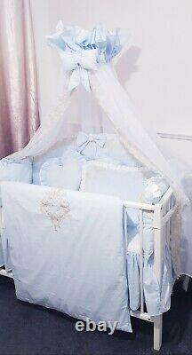 LUXURY BABY BOY BLUE GOLD QUILTED COTBED BEDDING SET BOW LACE 70x140cm
