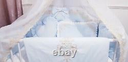 LUXURY BABY BOY BLUE GOLD QUILTED COTBED BEDDING SET BOW LACE 70x140cm