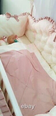 LUXURY BABY BUMPER NEST QUILTED BEDDING SET BEIGE DASTY PINK BOW LACE 70x140cm