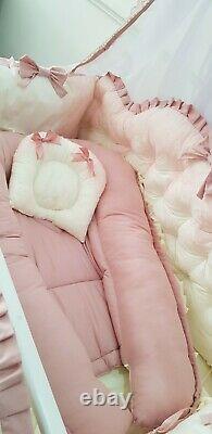 LUXURY BABY BUMPER NEST QUILTED BEDDING SET BEIGE DASTY PINK BOW LACE 70x140cm