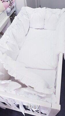 LUXURY BABY WHITE FRILL QUILTED COT BEDDING SET BOW 100% COTTON 60x120cm