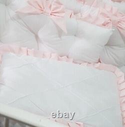 LUXURY ICE PINK QUILTED COTBED BEDDING SET BOW FRILL EMBIODERY 70x140cm