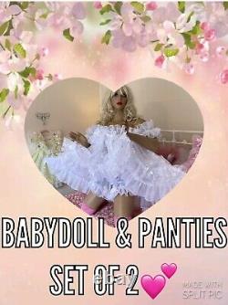 LUXURY NYLON CHIFFON & LACE 2 TIER SISSY MAID BABY DOLL DRESS & PANTIES SET of 2