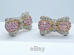 Large Bow 14K YG, Diamond & Pink Tourmaline Earring With Omega Safety Backs
