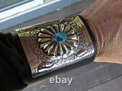 Large Navajo Indian Turquoise & Nickel Silver Ketoh Bow Guard Bracelet Kayonnie