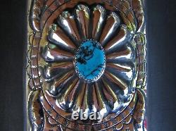 Large Navajo Indian Turquoise & Nickel Silver Ketoh Bow Guard Bracelet Kayonnie