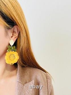 Large Yellow Sunflower Green Suede Knot Bow White Shell Clip Earrings, Swarovski