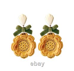 Large Yellow Sunflower Green Suede Knot Bow White Shell Clip Earrings, Swarovski