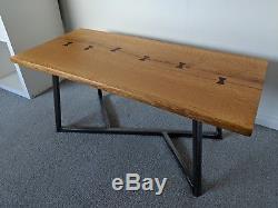 Live Waney Edge Solid Oak Coffee Table with Bow Ties & Geometric Steel Base Legs