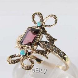 Long 9k 9ct Gold Pink Tourmaline Opal Diamond Art Deco Ins Bow Ring Free Resize