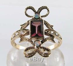 Long 9k 9ct Gold Pink Tourmaline Opal Diamond Art Deco Ins Bow Ring Free Resize
