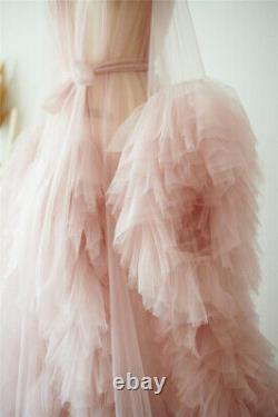 Long Sheer Robe Pink Maternity Sleepwear Puffy Gown Pregnancy Photoshoot Dress