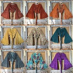 Lot of 20 Pc Indian Vintage Silk Sari Bell Sleeve Crop Top Retro 60s Clothing