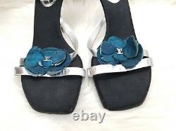 Louis Vuitton Teal Flower Leather Satin Black Sandals Open toe heels EUR 41