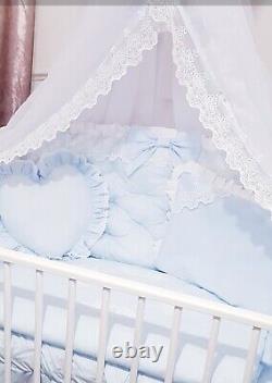 Luxury Baby Blue White Quilted Cot Bed Bedding Set Bow Lace