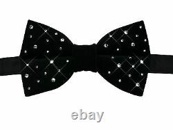 Luxury Handmade Pure Velvet Bow Tie with Swarovski Crystals Black Pre-tied