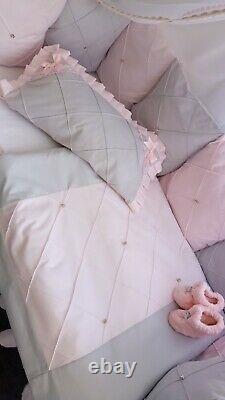 Luxury Pink Grey Bumper Quilted Cotbed Bedding Set Duvet Lace Bow 70x140cm
