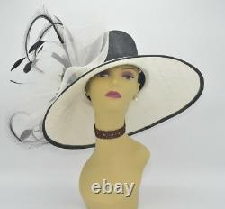 M826(Ivory/Black)Kentucky Derby Church Wedding Royal Ascot Sinamay Wide Brim hat