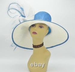 M826(Ivory/Blue)Kentucky Derby Church Wedding Royal Ascot Sinamay Wide Brim hat