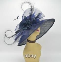 M826(Navy Blue)Kentucky Derby Church Wedding Royal Ascot Sinamay Wide Brim hat