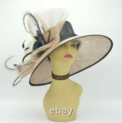 M826(Taupe/Black)Kentucky Derby Church Wedding Royal Ascot Sinamay Wide Brim hat