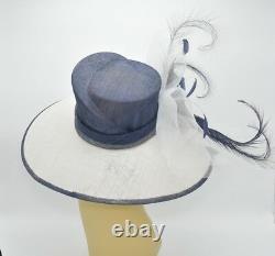 M826(White/Navy)Kentucky Derby Church Wedding Royal Ascot Sinamay Wide Brim hat