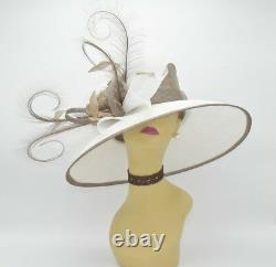 M826(White/Taupe)Kentucky Derby Church Wedding Royal Ascot Sinamay Wide Brim hat