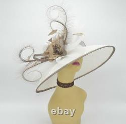 M826(White/Taupe)Kentucky Derby Church Wedding Royal Ascot Sinamay Wide Brim hat