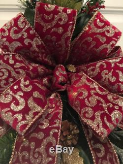 Magnificent 43 Large Christmas Swag with Shimmering Burgundy Bow. Cordless LED