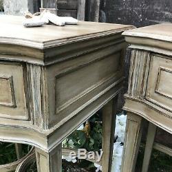 Matching Pair Bow Fronted Vintage Grey Painted Classic Elegance Bedside Table