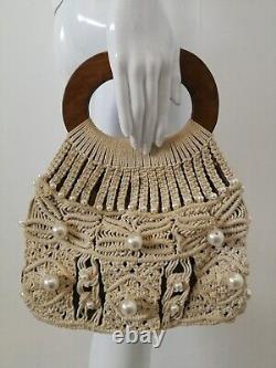 Medium bag hand handle handbag vintage satchel boho fashion brand pearl macrame