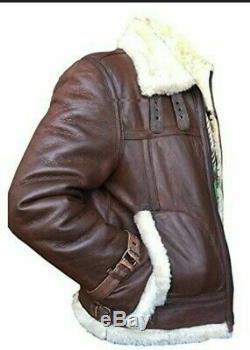 Men RAF Aviator FUR Shearling Brown Hand Made Lamb Skin Genuine Leather Jacket