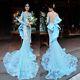 Mermaid Blue Lace Tulle Evening Dresses Formal Big Bow Party Prom Bridal Gowns