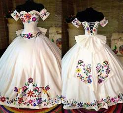 Mexican Colorful Embroidered Quinceanera Dress Off The Shoulder Satin Prom Gown