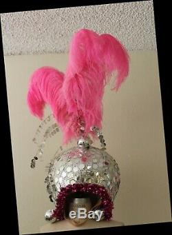 Mirror Ball Headdress Showgirl Hand Made in USA Silver Hot Pink Feather Bow Tie