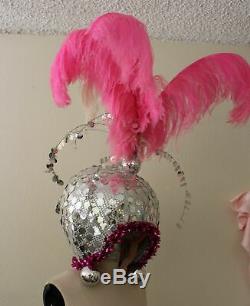 Mirror Ball Headdress Showgirl Hand Made in USA Silver Hot Pink Feather Bow Tie