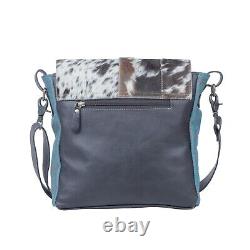 Myra Bag Handmade Blue Leather & Hairon Upcycled Canvas & Cowhide Leather
