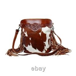 Myra Bag Handmade Cowboy Hand Tooled Bag Upcycled Canvas & Cowhide Leather